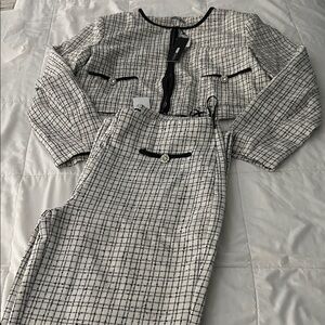 Chic Black and White Plaid Skirt Suit